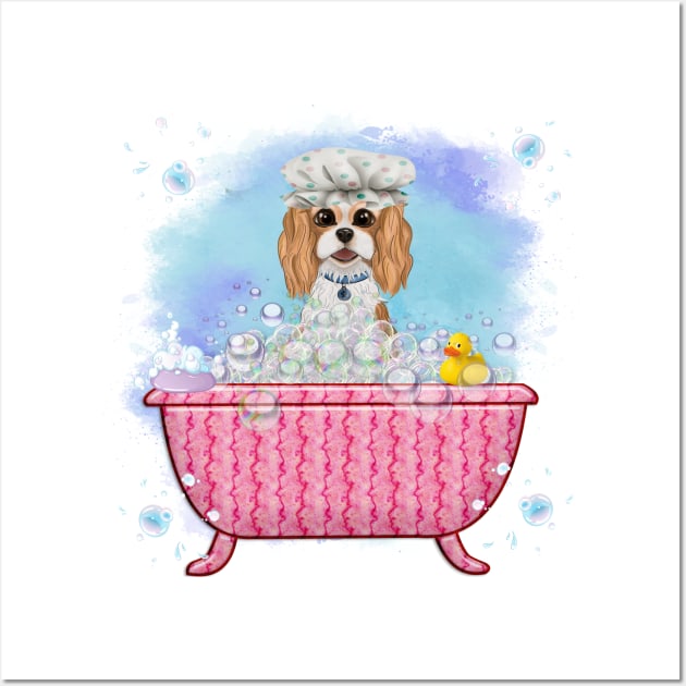 Blenheim Cavalier King Charles Spaniel in a Bath Tub Wall Art by Cavalier Gifts